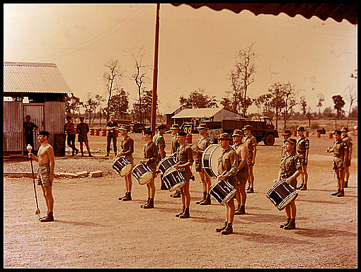 Driscolls Drummers rehearse outside the guardroom on Crown camp.