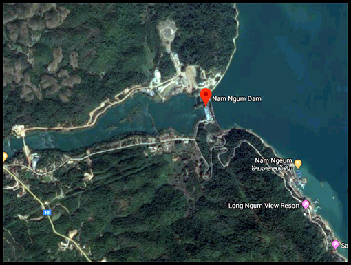 A map image of the Nam Ngum hydroelectric dam and the jetty for the Nam ngum lake.