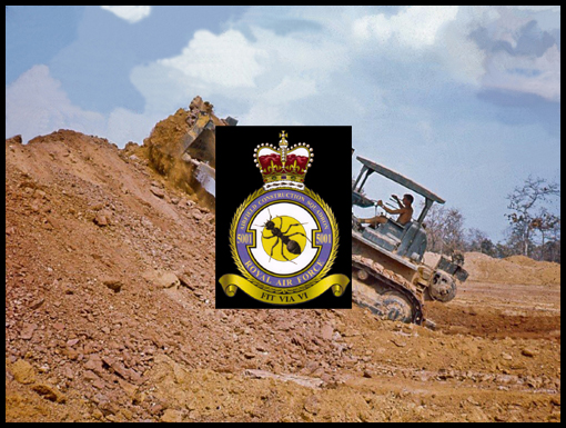 The 5001 Sqn badge aligned in the middle of a picture of a D8 Bulldozer working in the early days of Operation Crown.